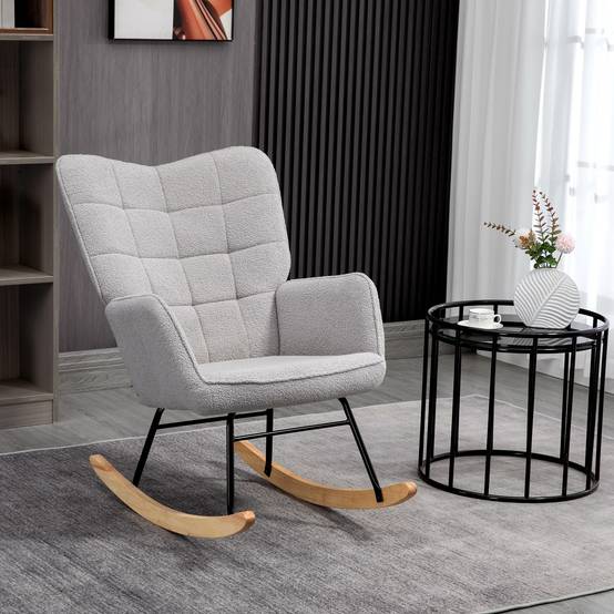Fauteuil à bascule rocking chair revêtement bouclette structure en acier 71 x 98 x 101 cm Gris clair - Image 4
