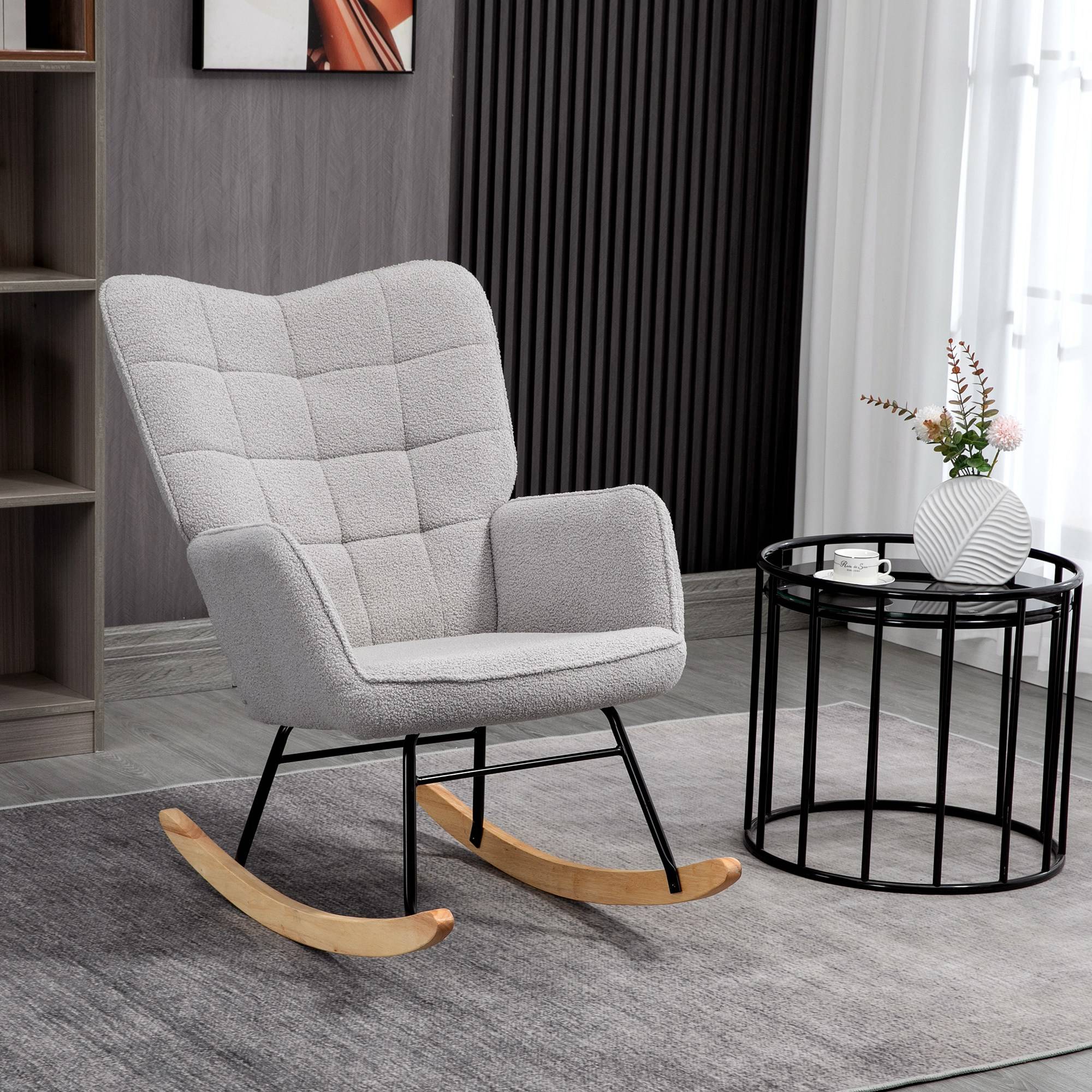 Fauteuil à bascule rocking chair revêtement bouclette structure en acier 71 x 98 x 101 cm Gris clair - Image 4