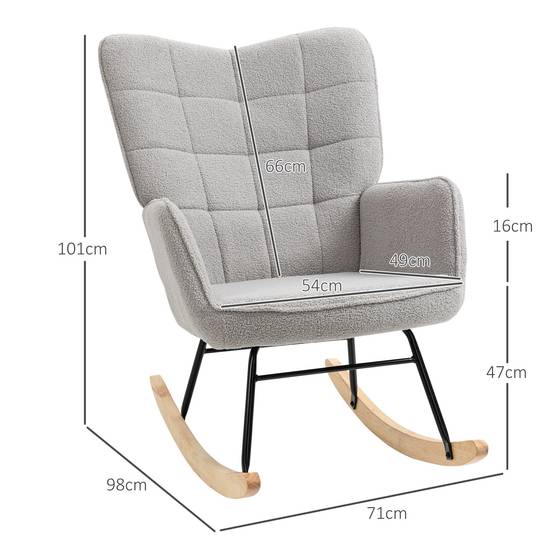 Fauteuil à bascule rocking chair revêtement bouclette structure en acier 71 x 98 x 101 cm Gris clair - Image 5