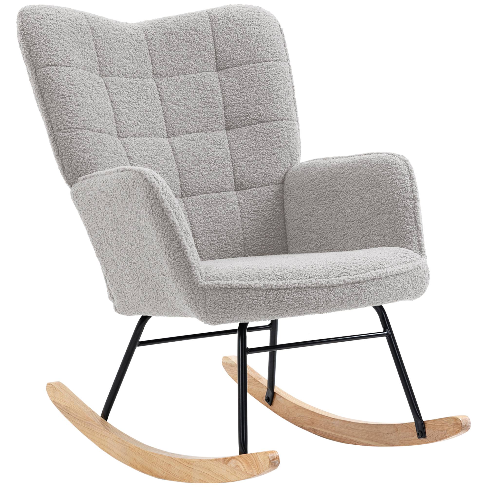 Fauteuil à bascule rocking chair revêtement bouclette structure en acier 71 x 98 x 101 cm Gris clair - Image 2