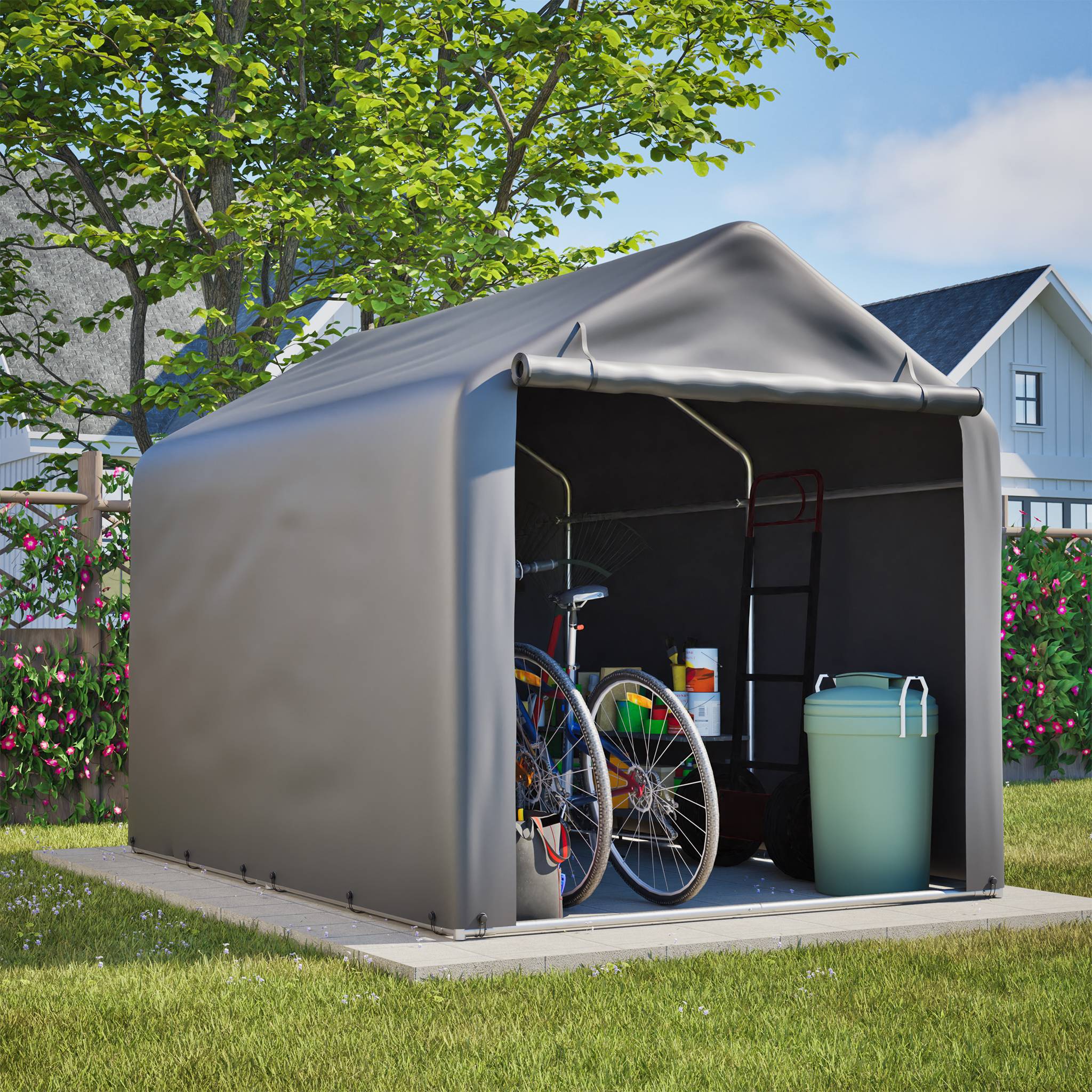 Abri à Vélos 160 x 220 x 165 cm avec Porte Sectionnelle, Abri Extérieur Étanche en PE Résistant aux Intempéries, Gris - Image 10