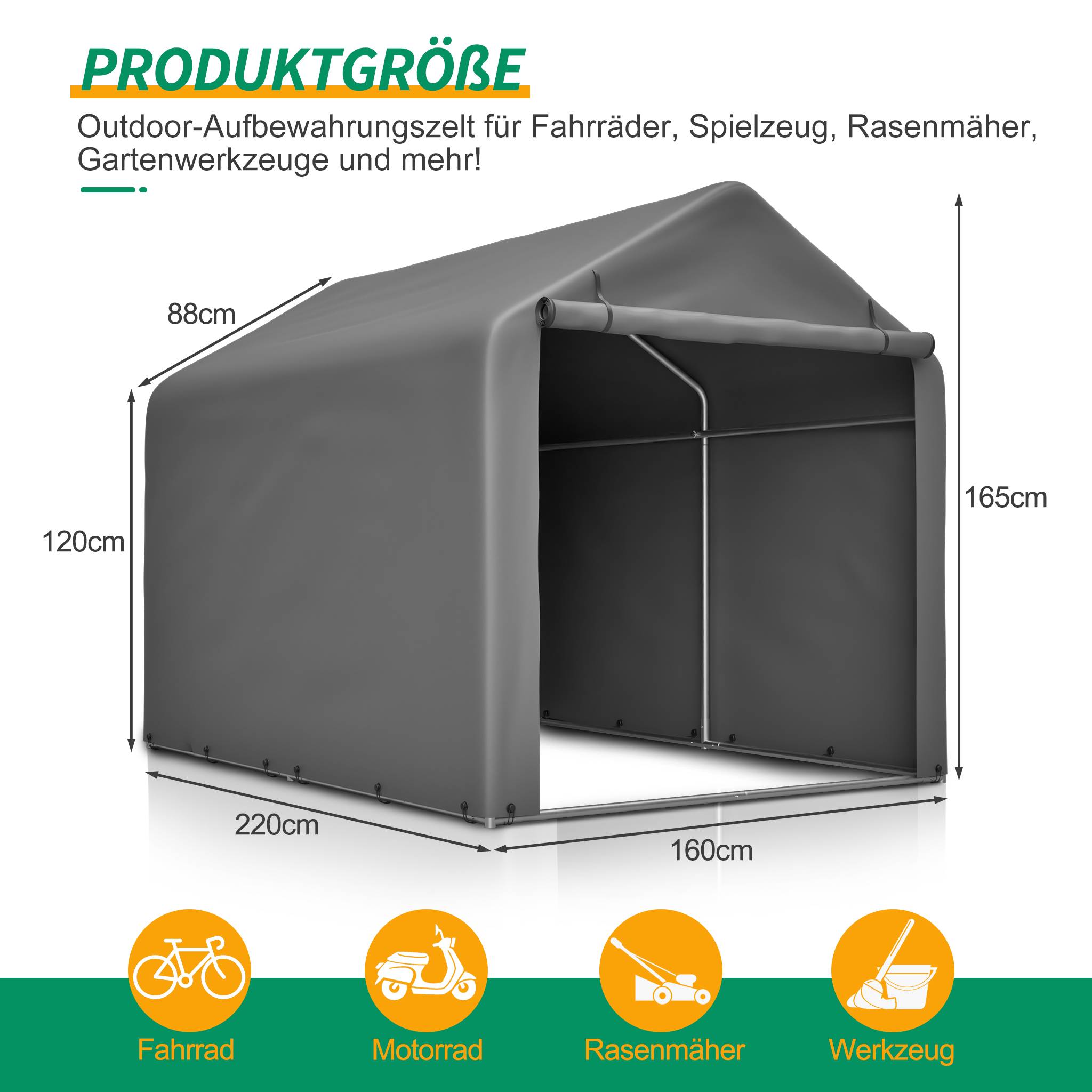 Abri à Vélos 160 x 220 x 165 cm avec Porte Sectionnelle, Abri Extérieur Étanche en PE Résistant aux Intempéries, Gris - Image 2