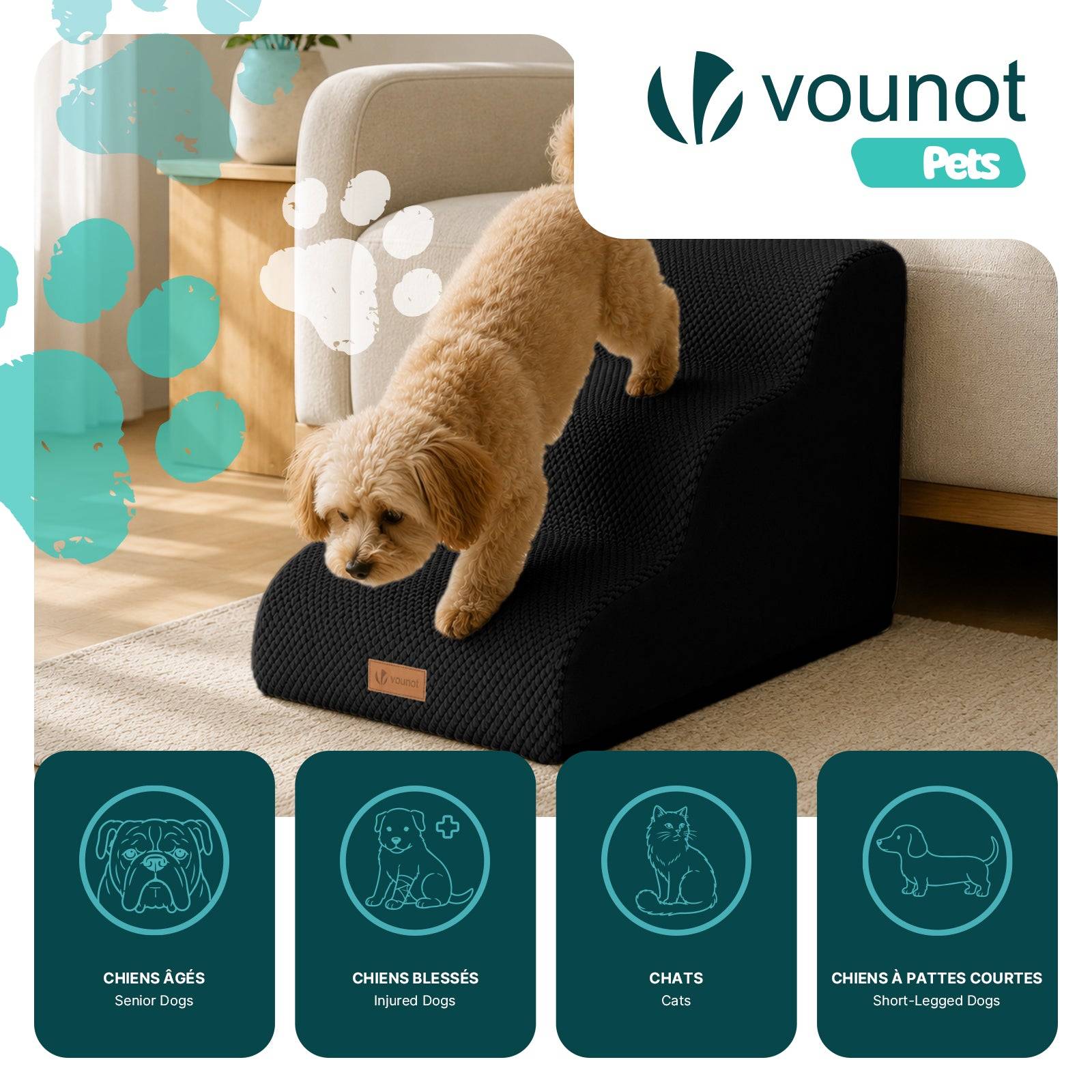 Vounot - Escalier pour chien et chat en mousse haute densite et housse lavable 57x40x40cm noir - Image 2