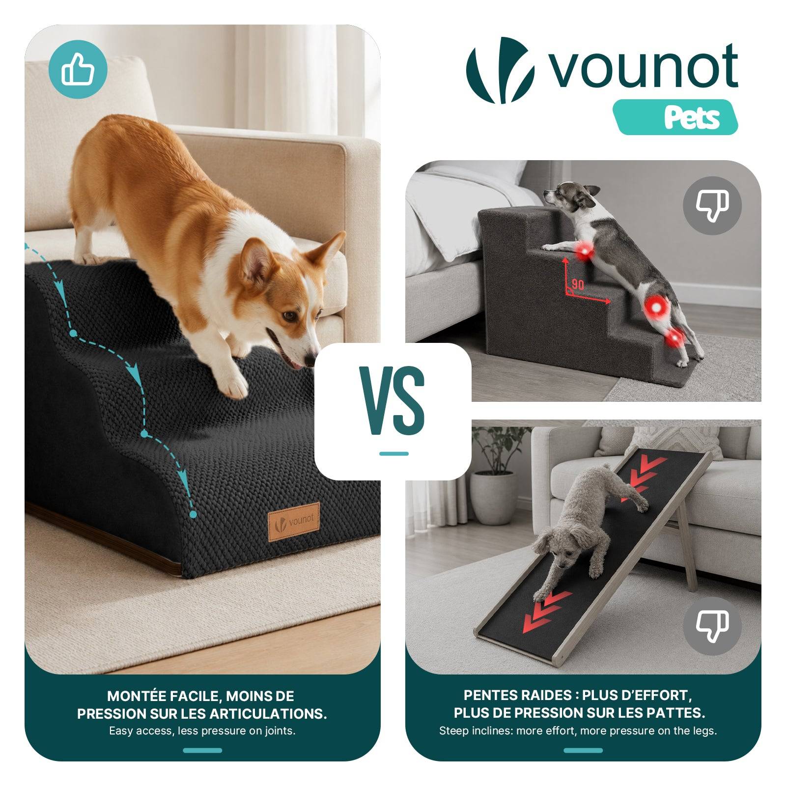 Vounot - Escalier pour chien et chat en mousse haute densite et housse lavable 57x40x40cm noir - Image 6