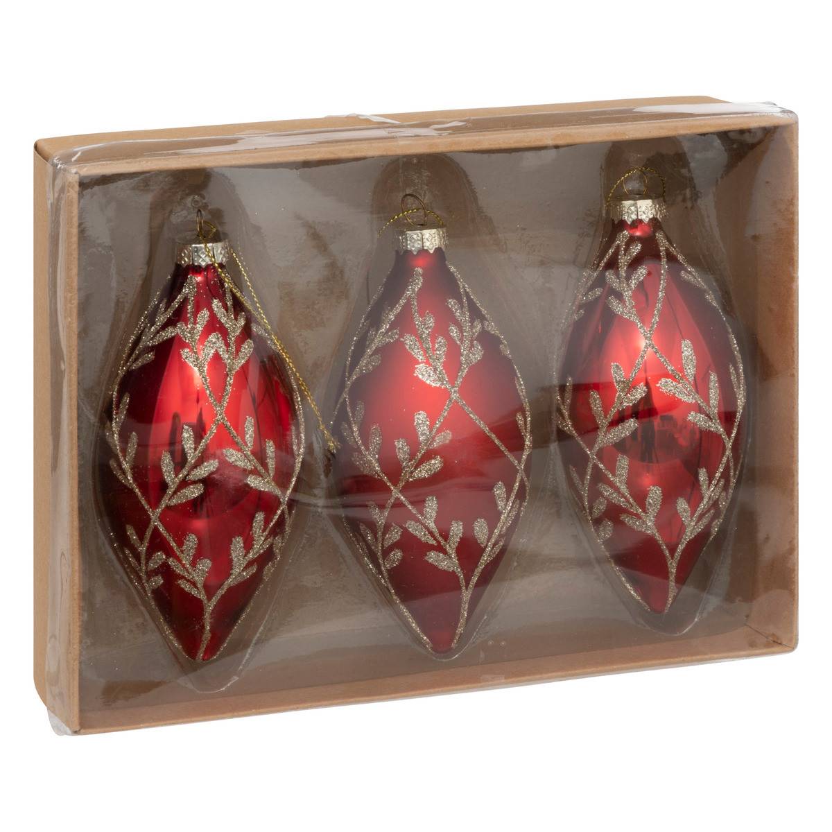 Fééric Lights & Christmas - Déco Sapin de Noël Lot 3 Boules en Verre forme Goutte décorée Rouge et Or - Imagen 1