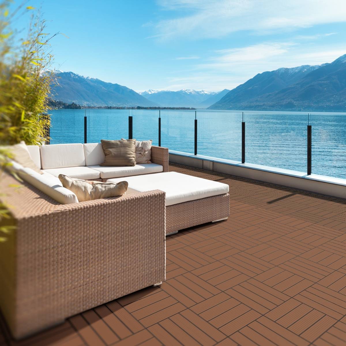 Ecd-Germany - WPC Carreaux 30x30 cm - 55 Pièces par 5m² - avec Aspect Bois - Marron Clair - avec Système de Drainage - pour Terrasse de Balcon Patio Jardin Piscine - Imagen 8