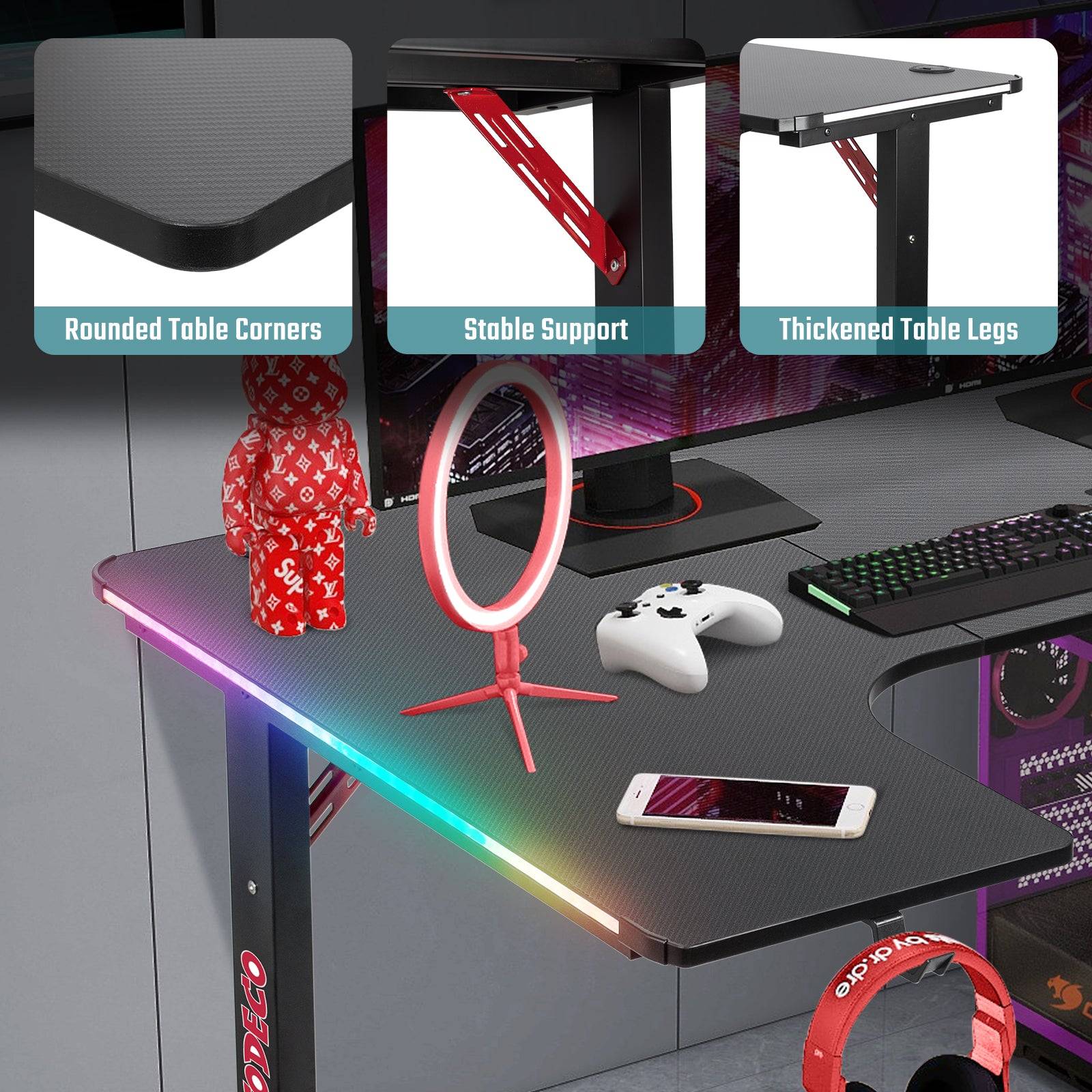 SWANEW Bureau Gaming 120 x 60cm Grande Bureau Gamer avec Un Plateau en Fibre de Carbone, Bureau