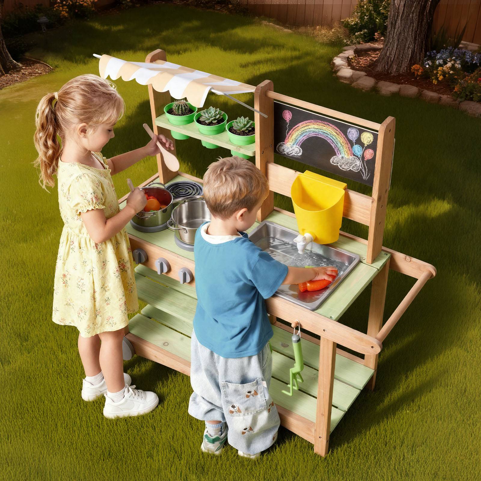 Vevor - VEVOR Cuisine à boue 88 cm en sapin, cuisine patouille extérieure pour enfants 3+, avec évier amovible, robinet, roues pivotantes et accessoires - Image 8