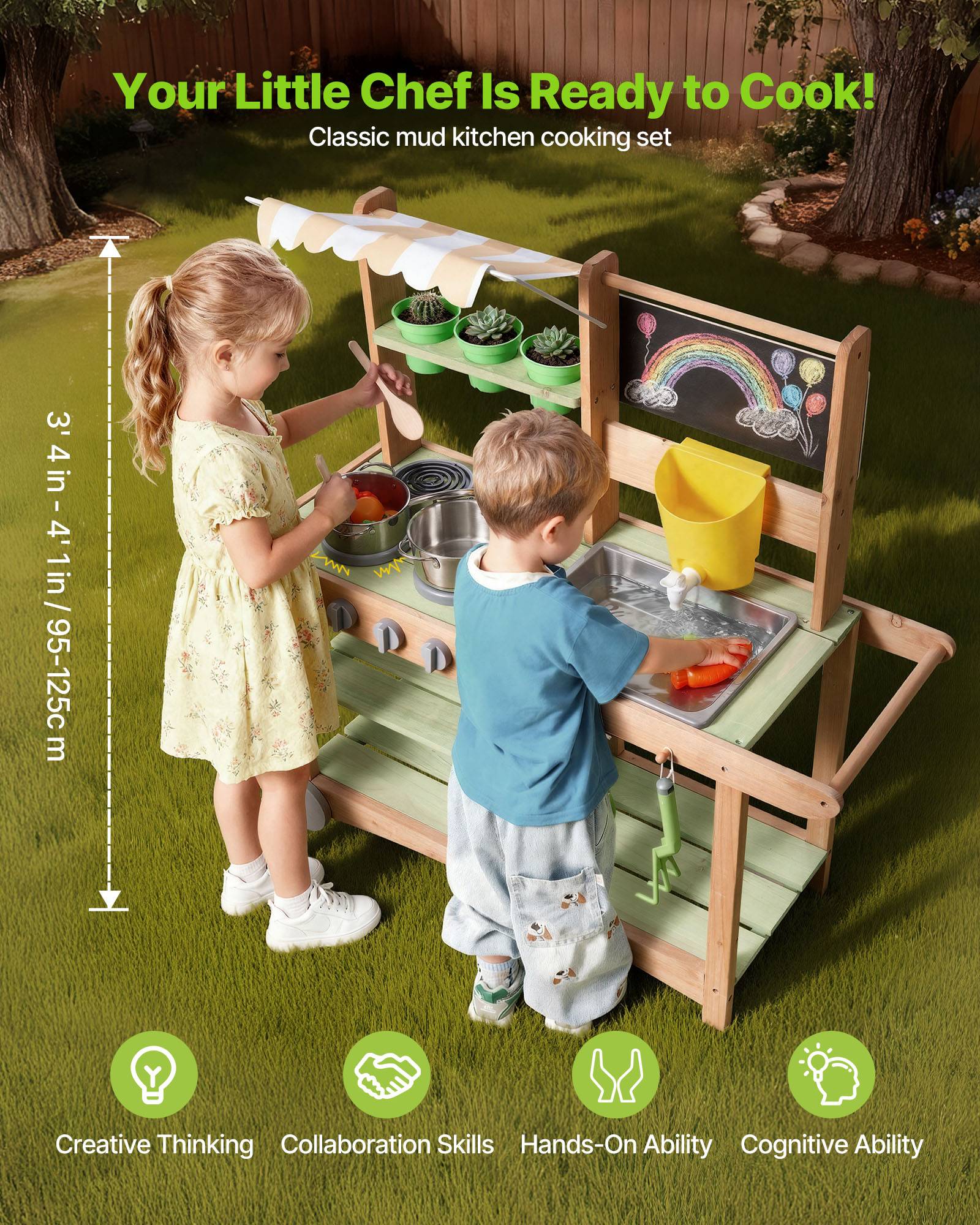 Vevor - VEVOR Cuisine à boue 88 cm en sapin, cuisine patouille extérieure pour enfants 3+, avec évier amovible, robinet, roues pivotantes et accessoires - Image 2