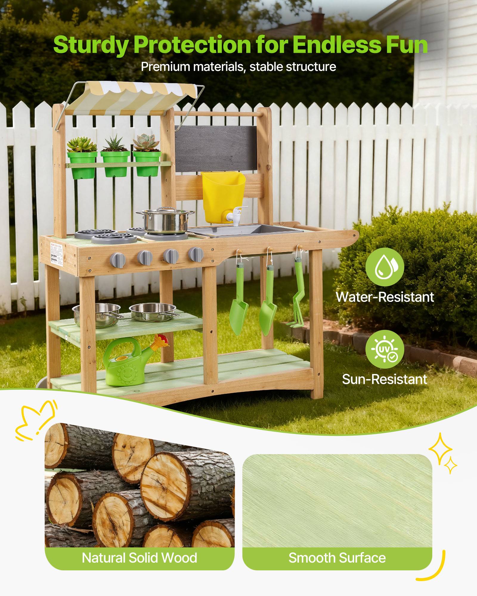 Vevor - VEVOR Cuisine à boue 88 cm en sapin, cuisine patouille extérieure pour enfants 3+, avec évier amovible, robinet, roues pivotantes et accessoires - Image 3