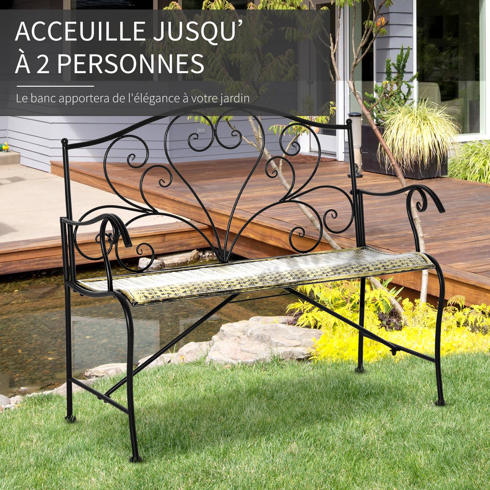 Sans Marque - Banc de Jardin 2 Places Style néo-rétro Fer forgé Lignes fuselées métal Noir doré Effet Vieilli - Image 6
