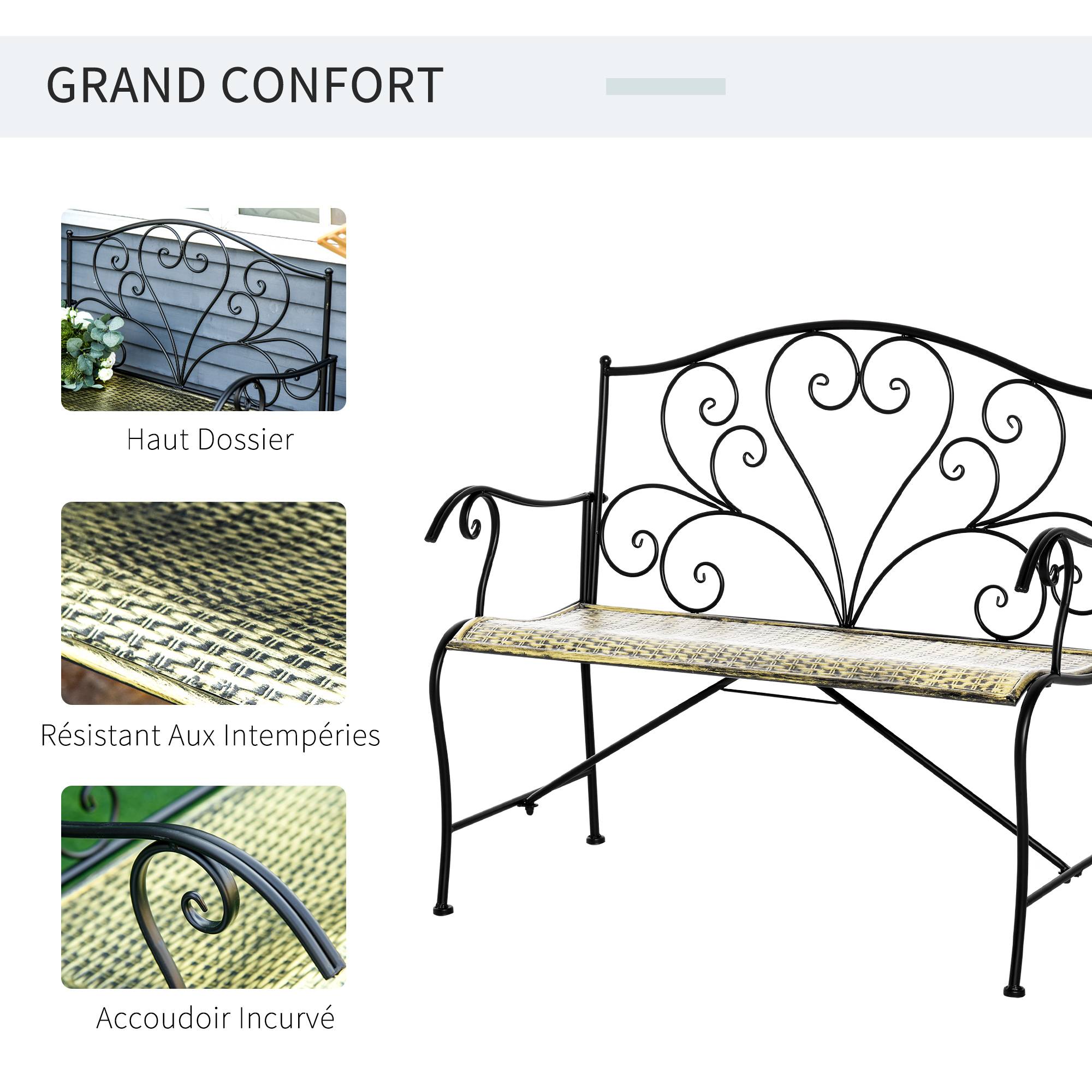 Sans Marque - Banc de Jardin 2 Places Style néo-rétro Fer forgé Lignes fuselées métal Noir doré Effet Vieilli - Image 5