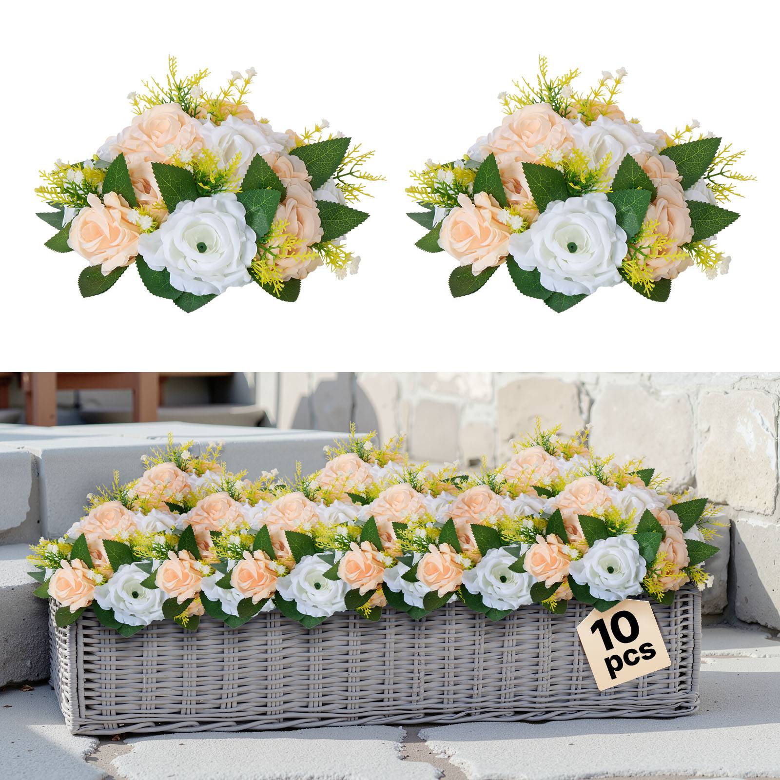 VEVOR Boules de Fleurs Artificielles Lot de 10 24 cm Roses Champagne et Blanches - Image 1