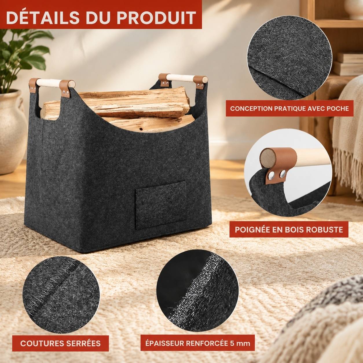 Panier à Bois Pliable en Feutre avec Poignée Renforcée 70L - Image 3