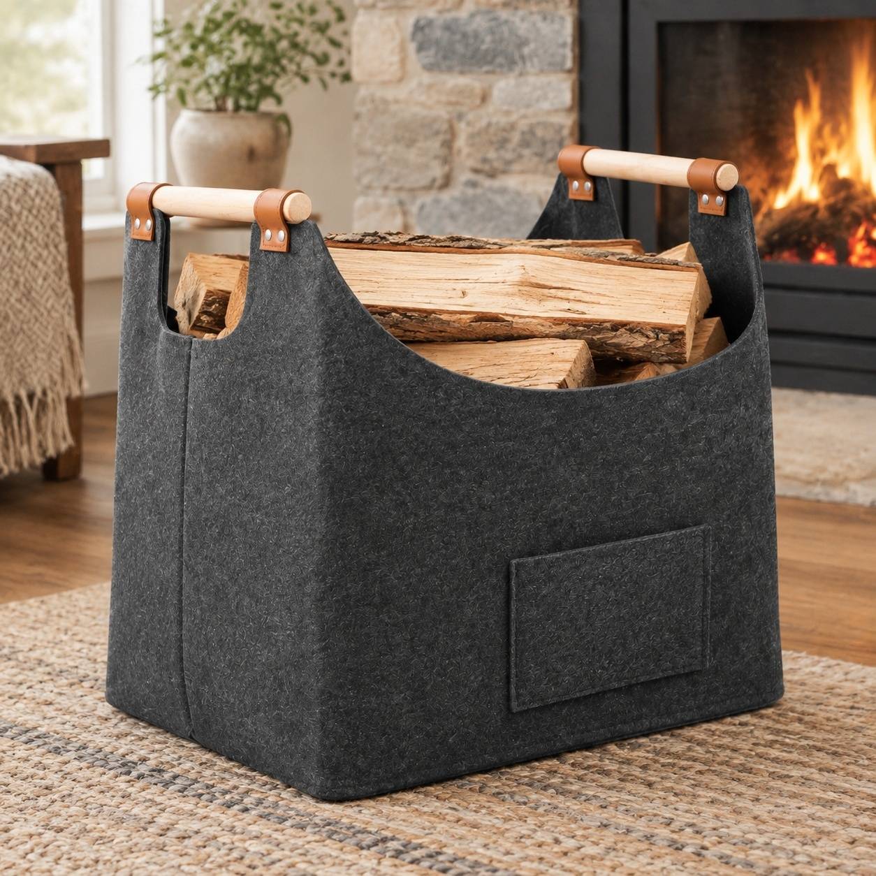 Panier à Bois Pliable en Feutre avec Poignée Renforcée 70L - Image 7