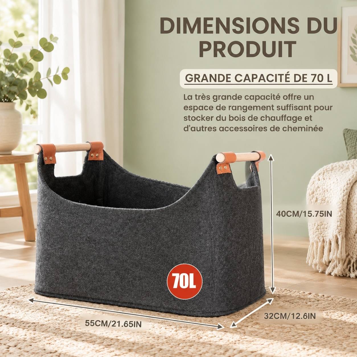 Panier à Bois Pliable en Feutre avec Poignée Renforcée 70L - Image 2