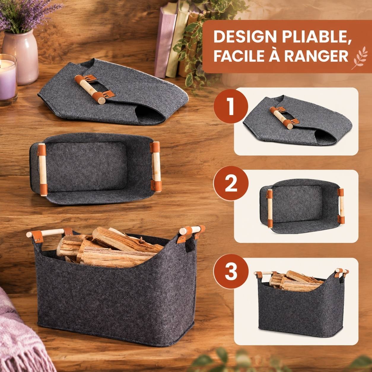 Panier à Bois Pliable en Feutre avec Poignée Renforcée 70L - Image 6