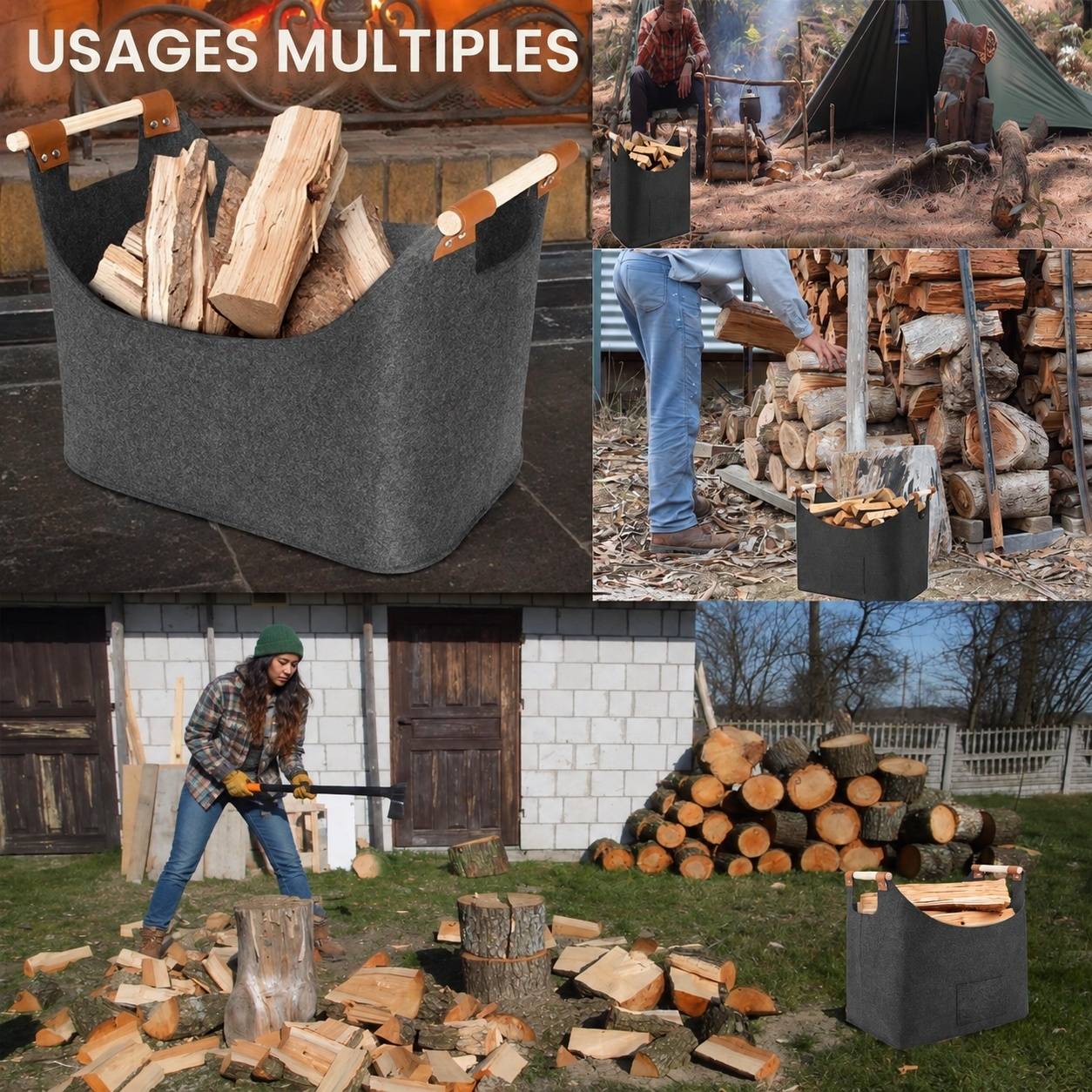 Panier à Bois Pliable en Feutre avec Poignée Renforcée 70L - Image 4