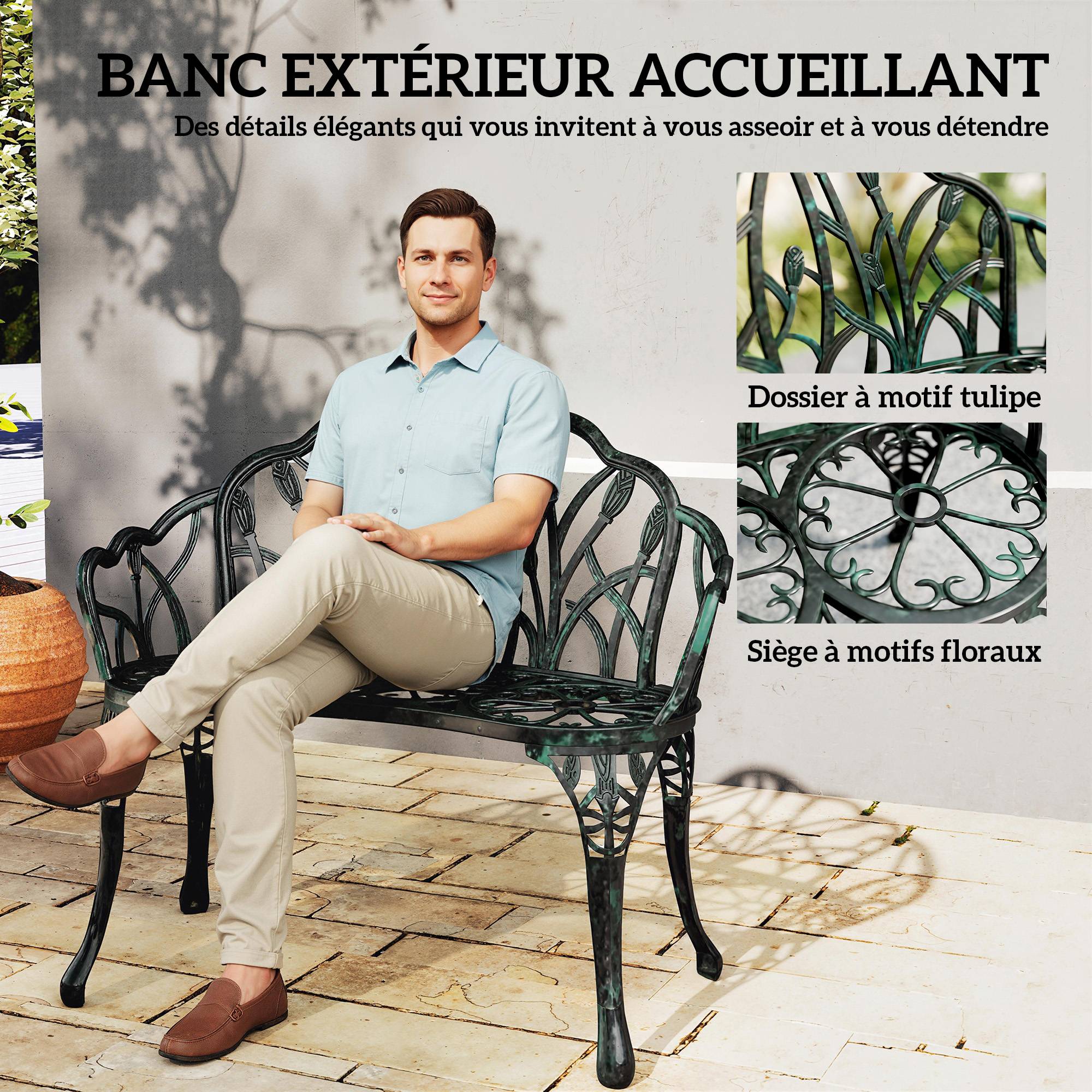 Outsunny - Banc de jardin 2 places - dossier tulipe, assise florale - aluminium moulé -99x57x78cm - vert antique - Outsunny - Image 7
