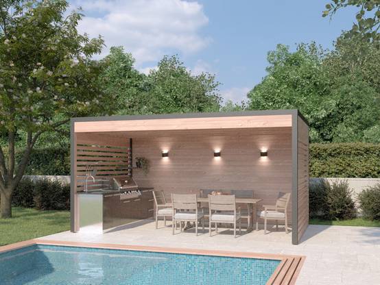 MON CHALET DE JARDIN - Pergola bois & Aluminum Design 15m2 - Bois Douglas épaisseur 55mm - Toiture Bacacier avec voliges sous toiture - MON CHALET DE JARDIN - Image 5