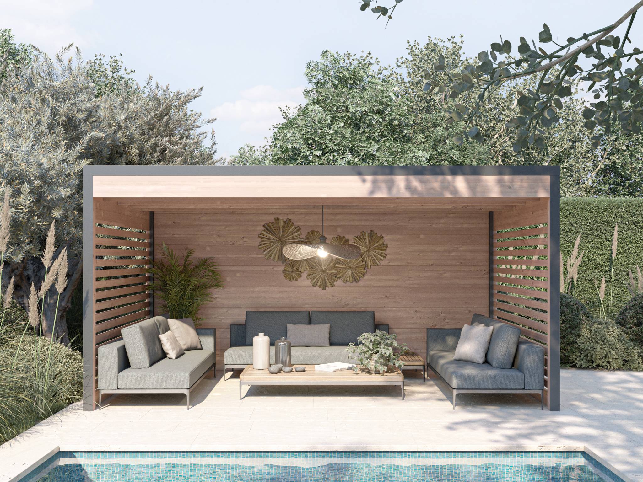 MON CHALET DE JARDIN - Pergola bois & Aluminum Design 15m2 - Bois Douglas épaisseur 55mm - Toiture Bacacier avec voliges sous toiture - MON CHALET DE JARDIN - Image 1
