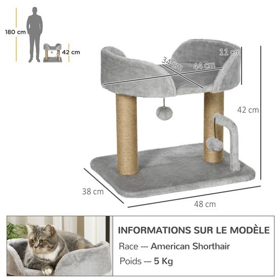Petit arbre à chat design avec griffoir en jute et plateforme en peluche 42 cm Gris - ComfortXL Outdoor Living - Image 5