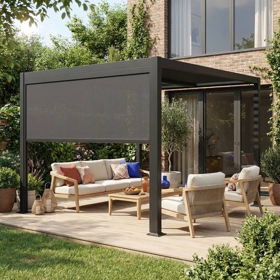 Pergola bioclimatique aluminium et acier 3x3m lames orientables + store 3m PALACE noir | sweeek - Image 1