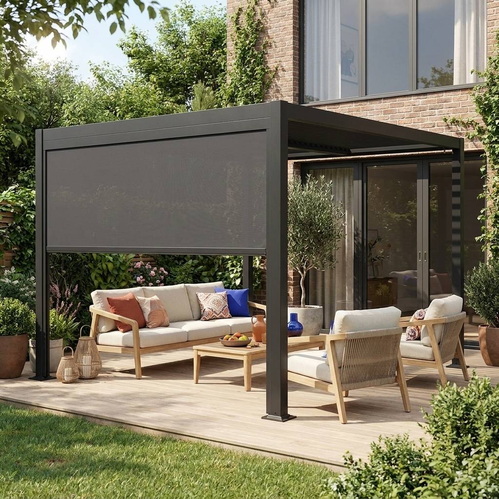 Pergola bioclimatique aluminium et acier 3x3m lames orientables + store 3m PALACE noir | sweeek