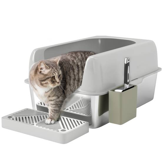 Bac à litière chat Acier Inoxydable Pour félins Maison ouverte bords hauts Gris clair - ComfortXL Outdoor Living - Image 1