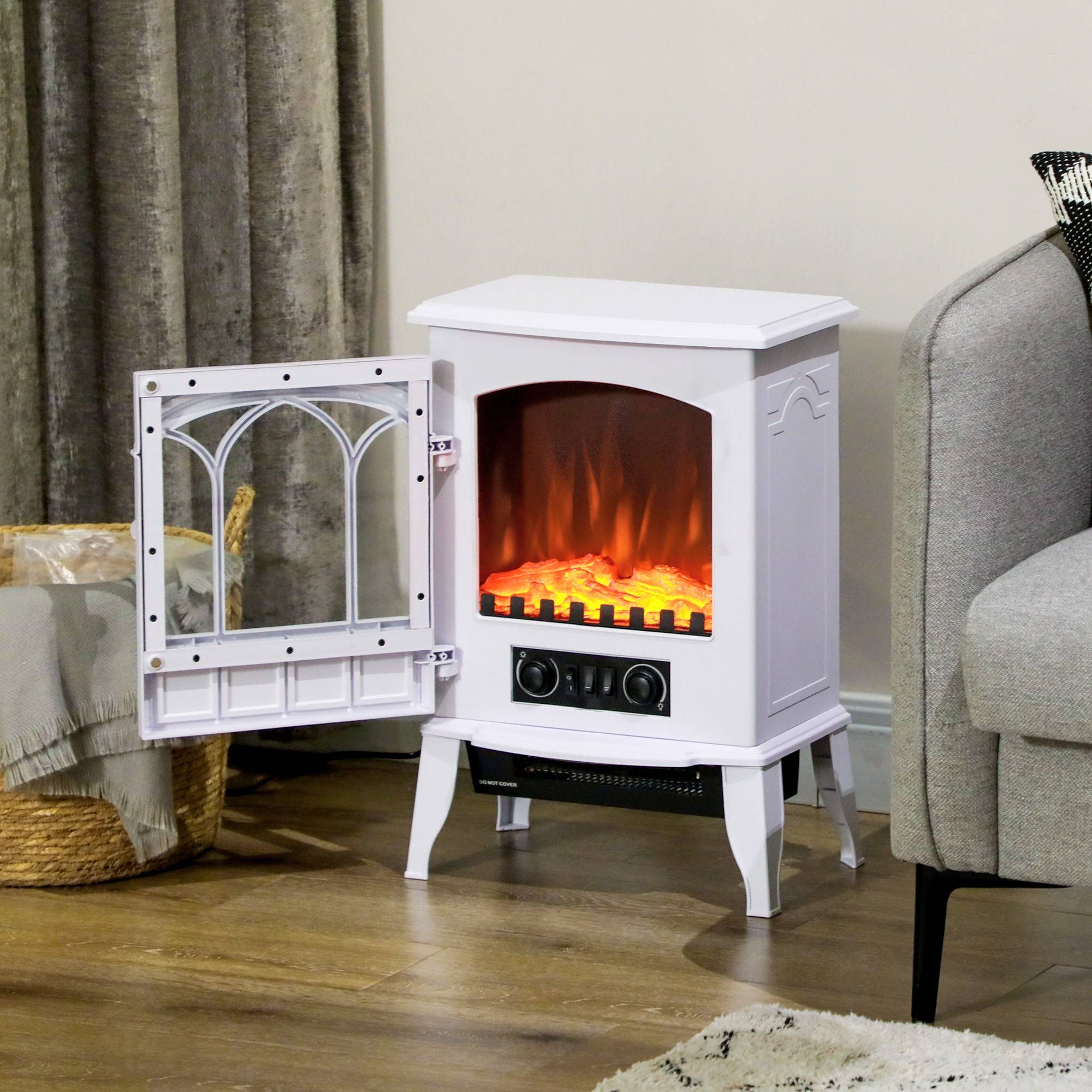 Cheminée électrique sur pied 1000/2000 W, fausse cheminée décorative avec effet flamme LED, blanc - Image 3