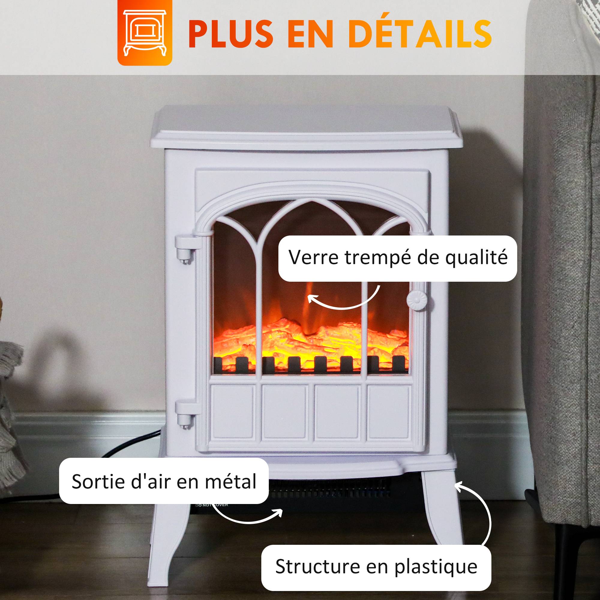 Cheminée électrique sur pied 1000/2000 W, fausse cheminée décorative avec effet flamme LED, blanc - Image 9