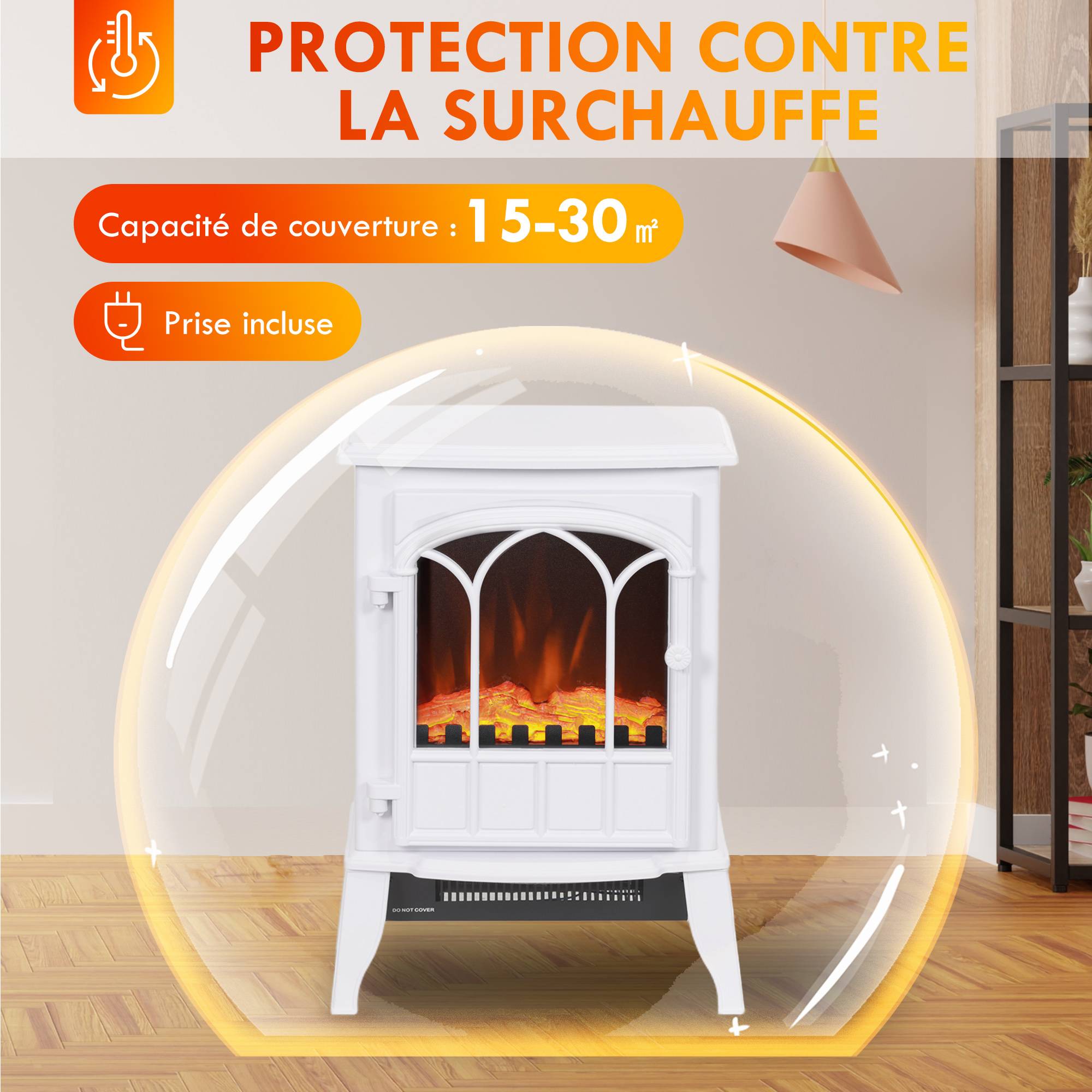 Cheminée électrique sur pied 1000/2000 W, fausse cheminée décorative avec effet flamme LED, blanc - Image 8