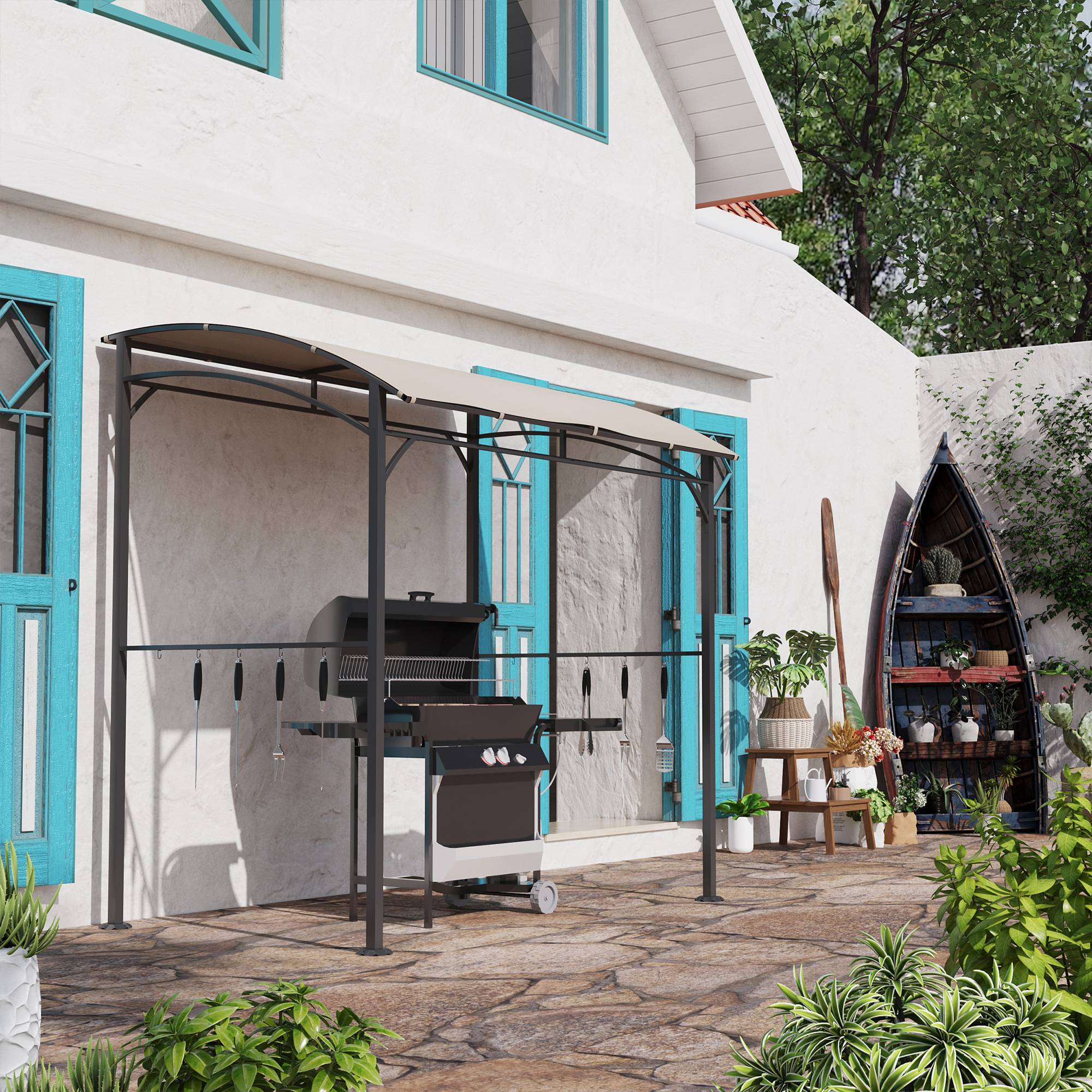 ComfortXL - Abri pour barbecue métal pour terrasse tonnelle toit incurvé avec crochets 215x150cm beige - ComfortXL Outdoor Living - Image 4