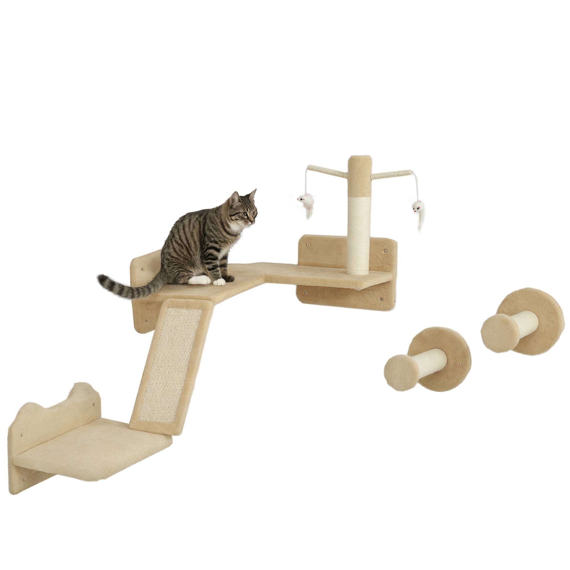 Mur d'escalade d'angle pour chat en bois plateformes et poteaux sisal 110cm beige - ComfortXL Outdoor Living - Image 1