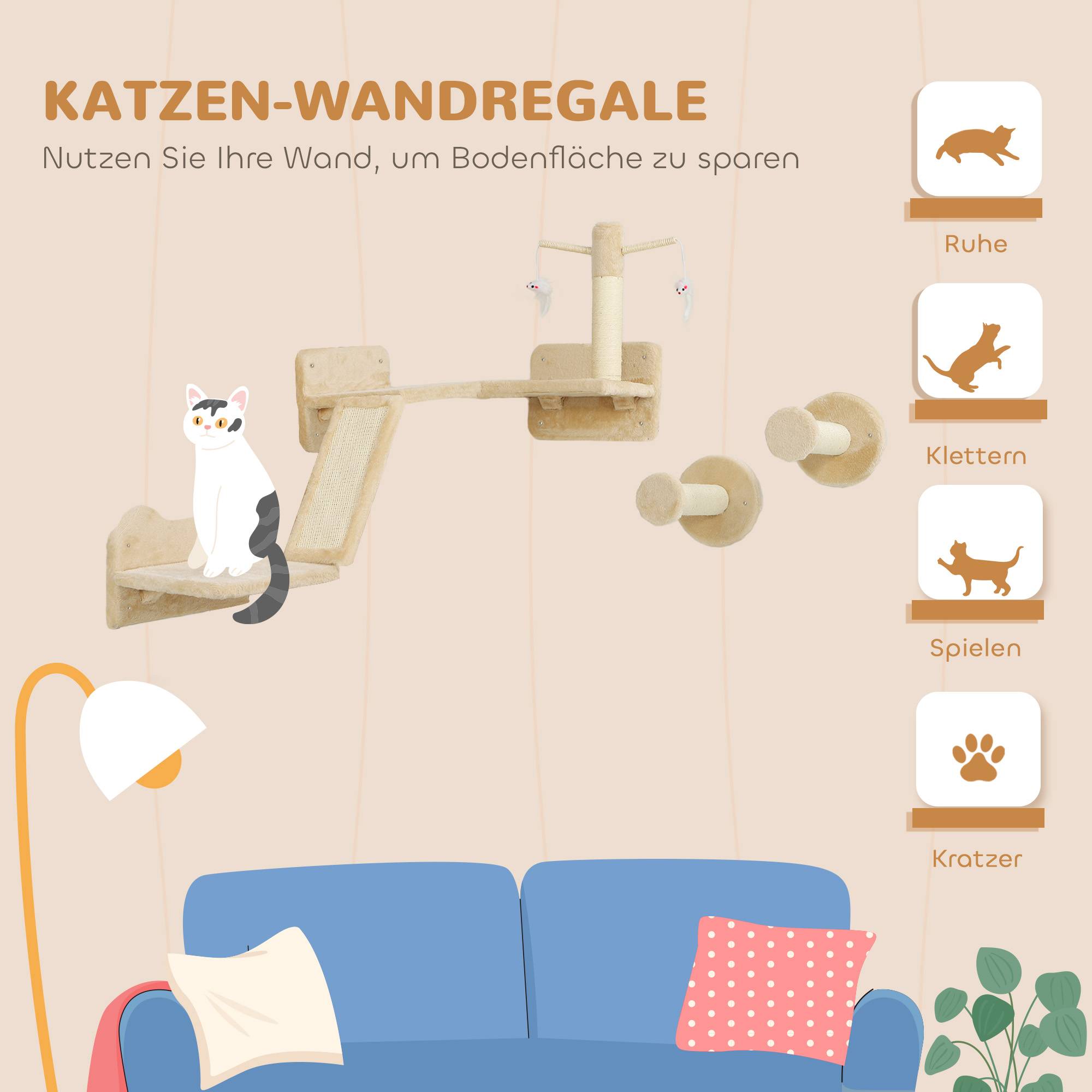 Mur d'escalade d'angle pour chat en bois plateformes et poteaux sisal 110cm beige - ComfortXL Outdoor Living - Image 6