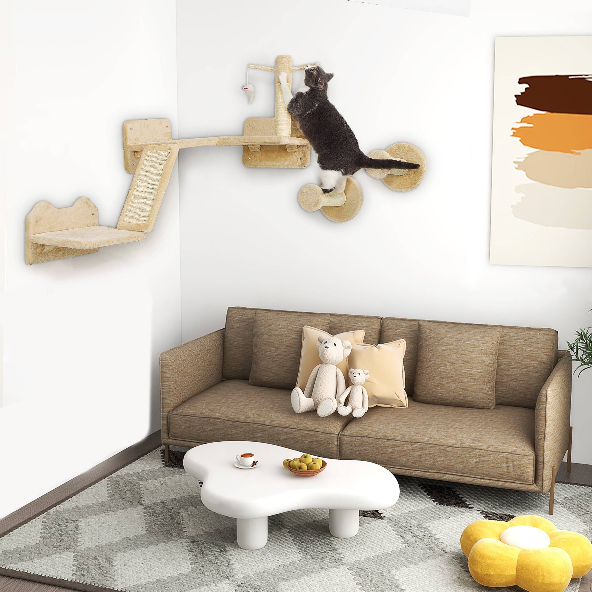 Mur d'escalade d'angle pour chat en bois plateformes et poteaux sisal 110cm beige - ComfortXL Outdoor Living - Image 3