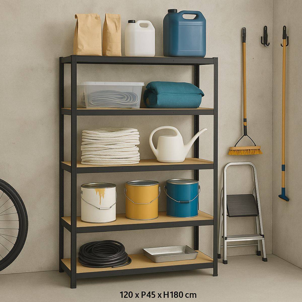 Etagère de Garage 5 tablettes Bois MDF 120xP45xH180 cm Charges lourdes 300Kg Structure Acier Rangement Rayonnage BRIXO - Imagen 2