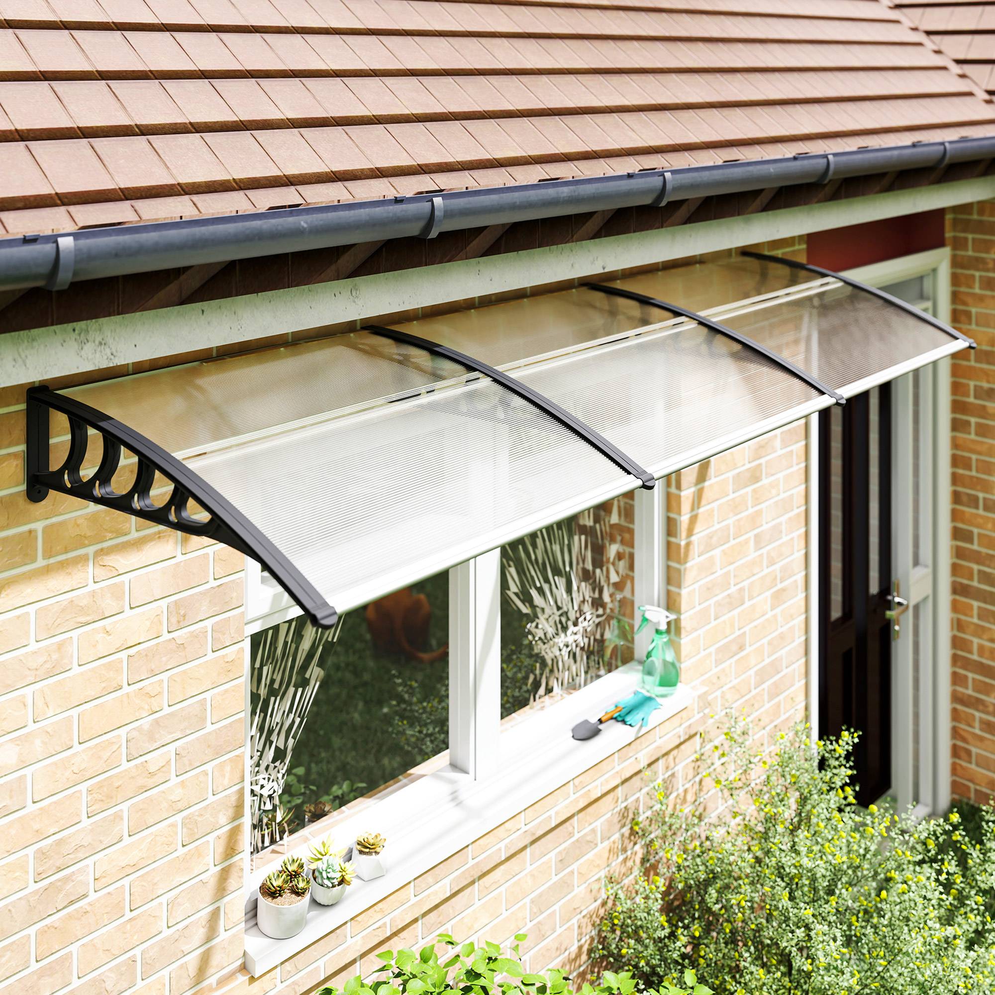 Store extérieur pour portes et fenêtres 303 x 96 cm, toit de protection transparent en polycarbonate - Image 4