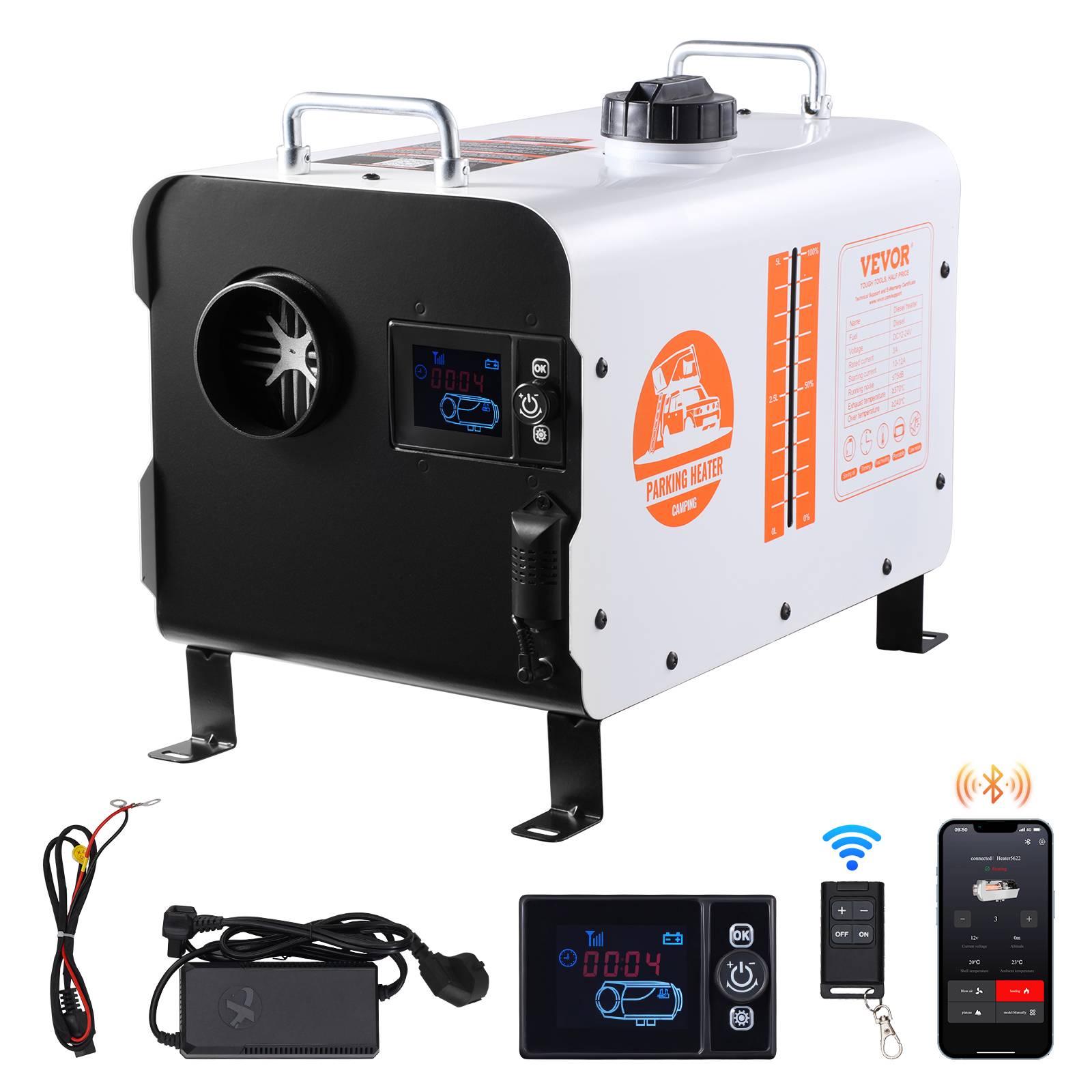 VEVOR Chauffage diesel 8kW tout-en-un 12/24V, contrôle Bluetooth, télécommande, écran, alarme CO, portable.