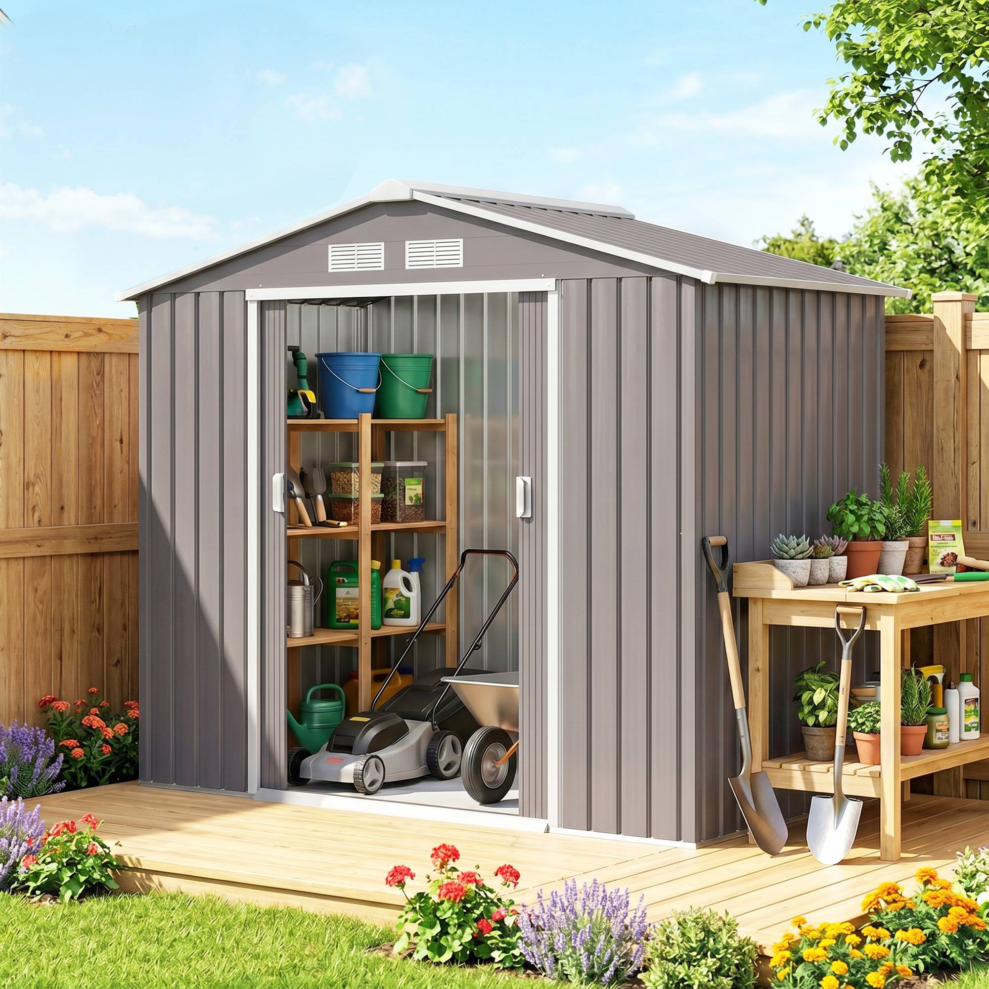 Abri outillage portes coulissantes 2,13x1,30x1,85cm métal gris - Image 3