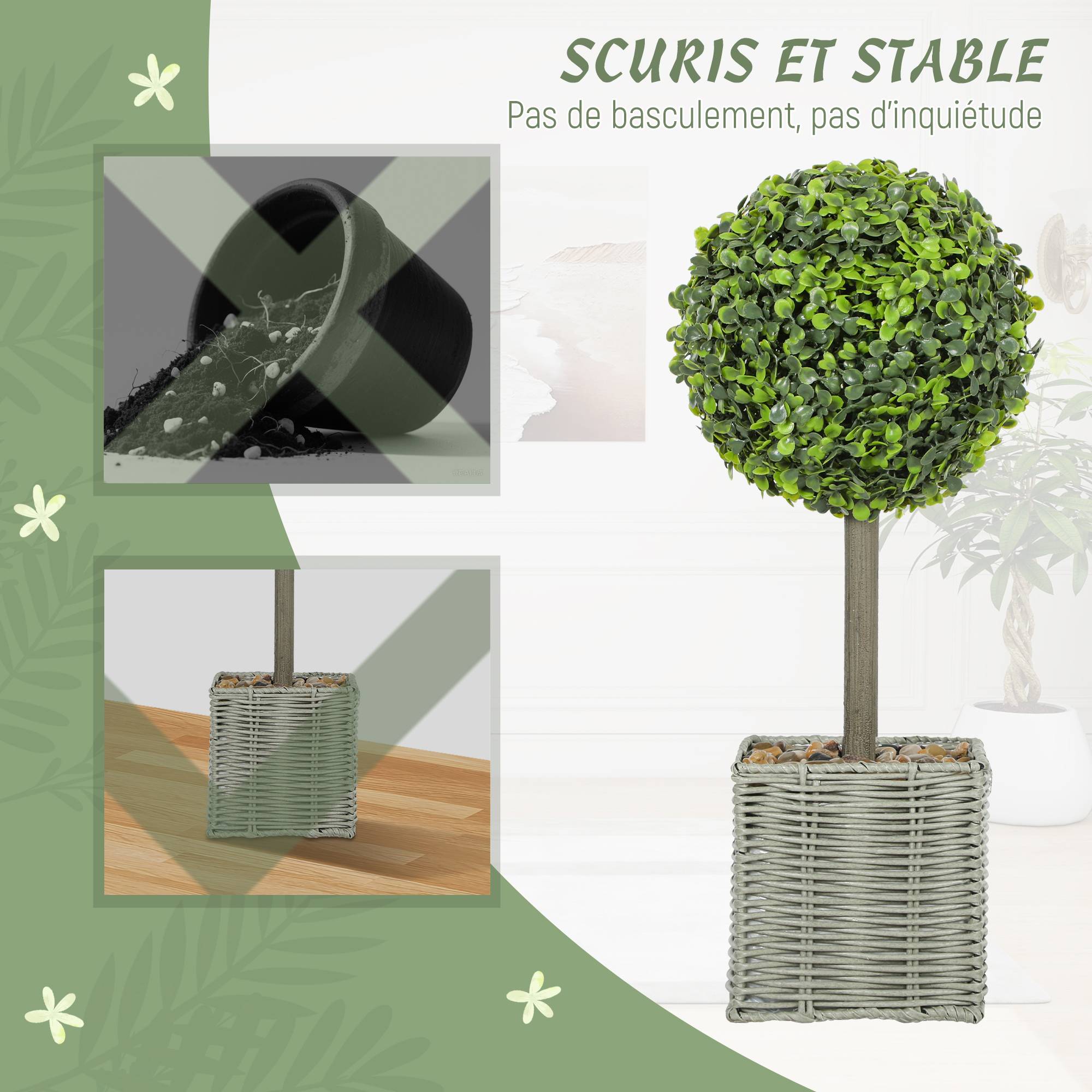 Lot de 2 plantes artificielles décoratives, boules de buis artificiel 50 cm avec pot en plastique tressé et galets, vert - Image 9