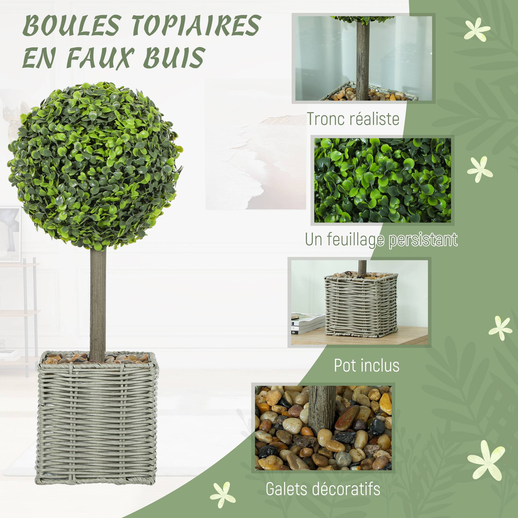 Lot de 2 plantes artificielles décoratives, boules de buis artificiel 50 cm avec pot en plastique tressé et galets, vert - Image 6