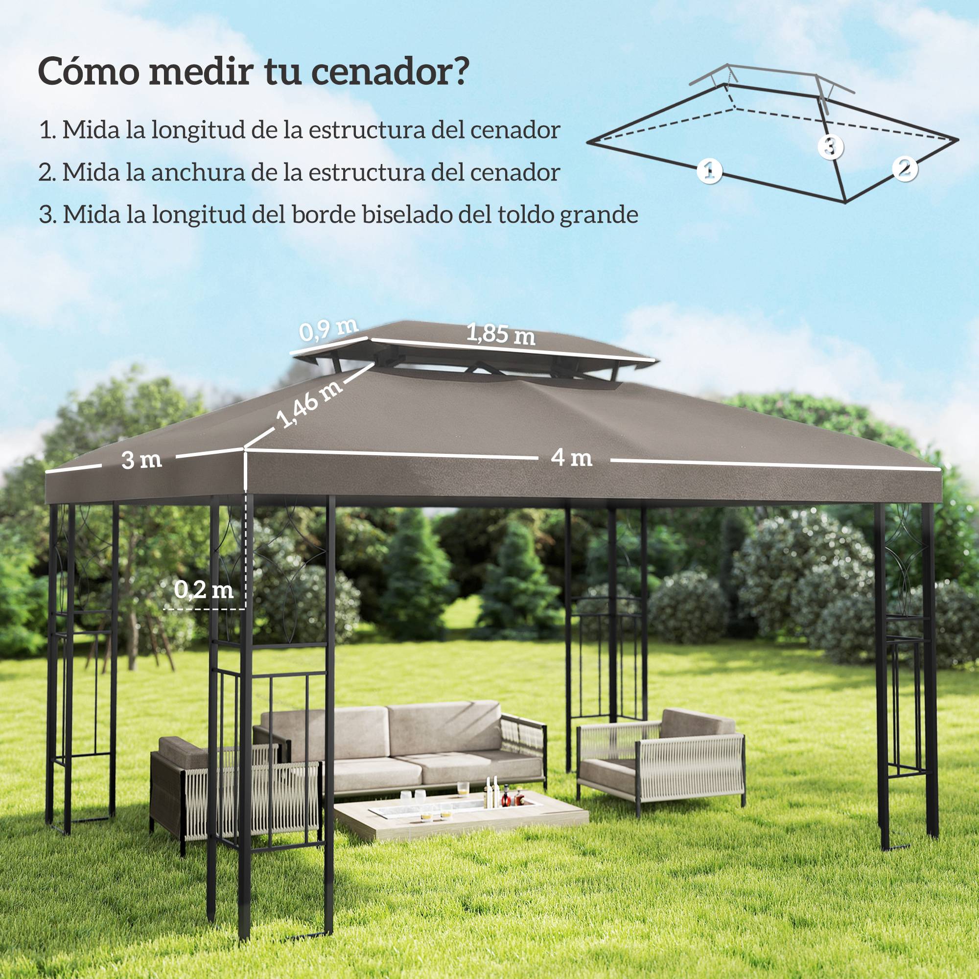 Toit de rechange 4x3 m avec double toit, trous de drainage et protection UV, seul toit sans structure, marron - Image 5