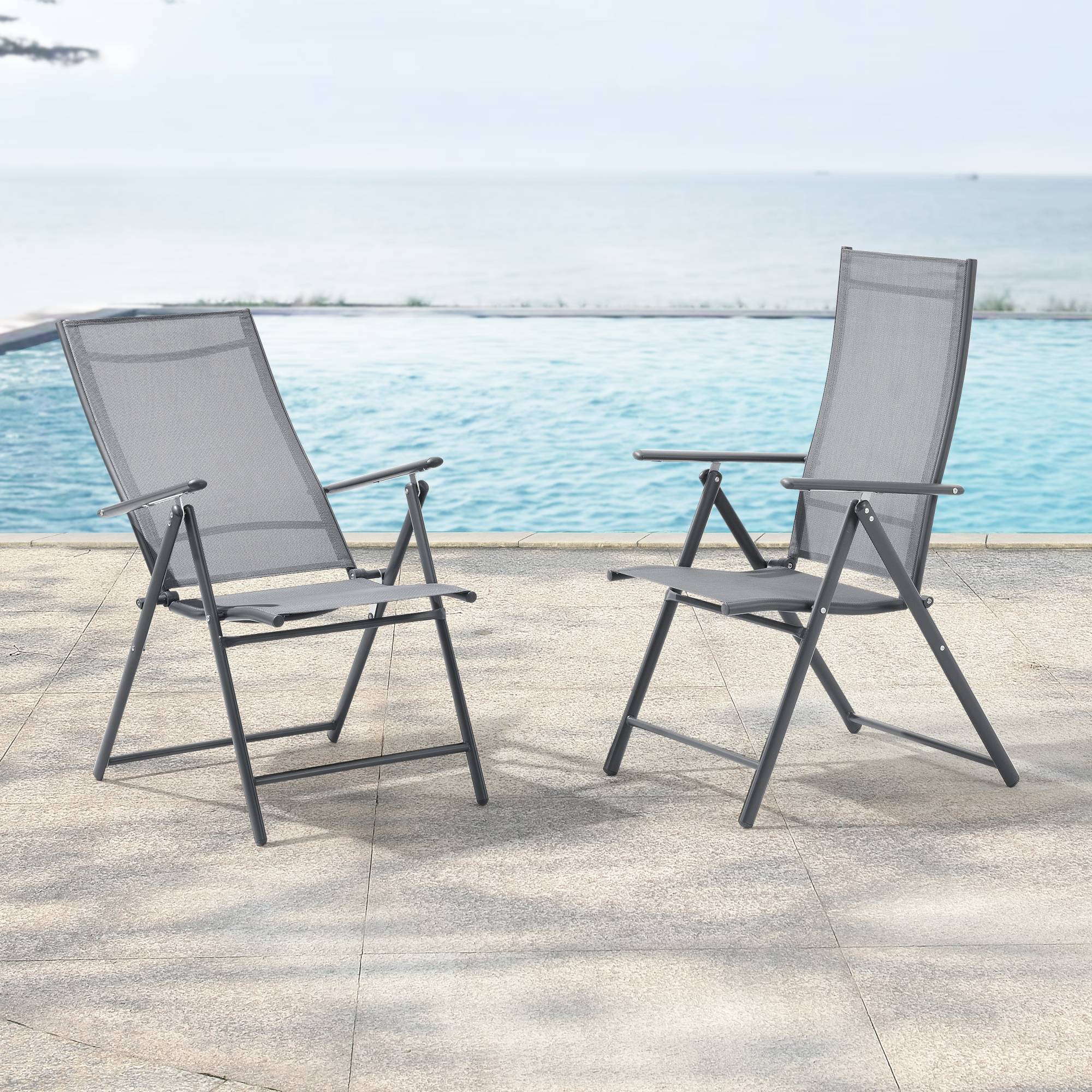 Lot de 2 Fauteuils de Jardin avec Accoudoirs et Dossier Acier Polyester Gris Clair et Foncé [en.casa] - Image 2