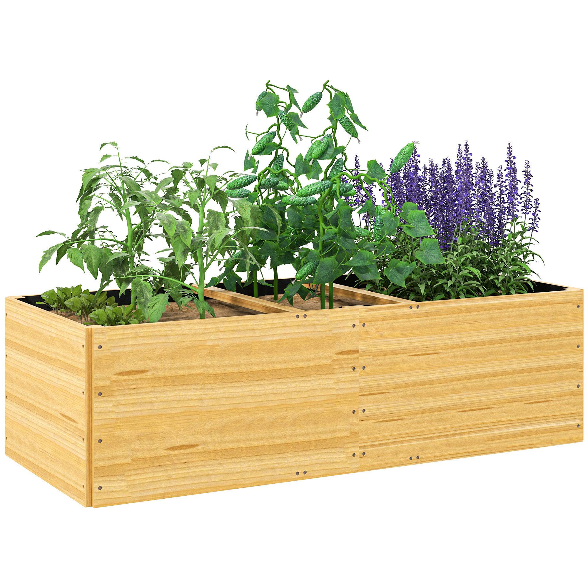 Sans Marque - Jardinière extérieur, carré potager en bois, 3 compartiments de plantation et doublure inclus, 140x60x40cm, naturel