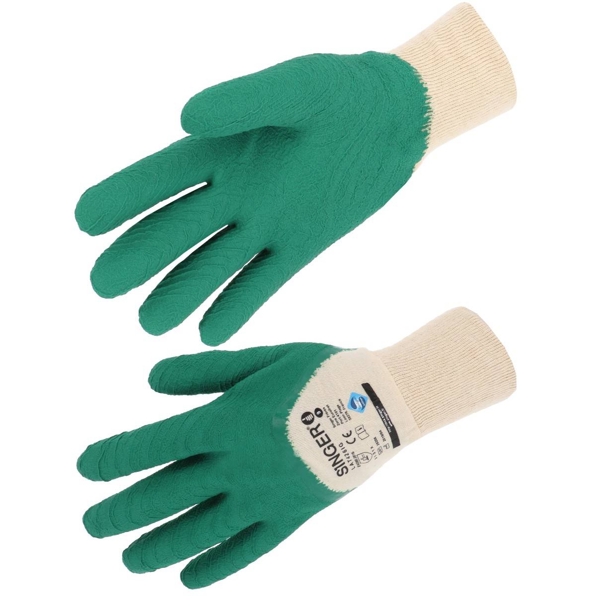 Gant manutention SINGER Taille 9 LATEX Crêpé vert Milieux humides Enduit 30cm Dos aéré Paume latex crêpée poignet tricot - Imagen 1