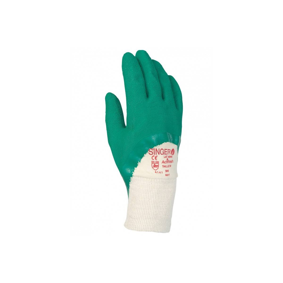 Gant manutention SINGER Taille 9 LATEX Crêpé vert Milieux humides Enduit 30cm Dos aéré Paume latex crêpée poignet tricot - Imagen 5