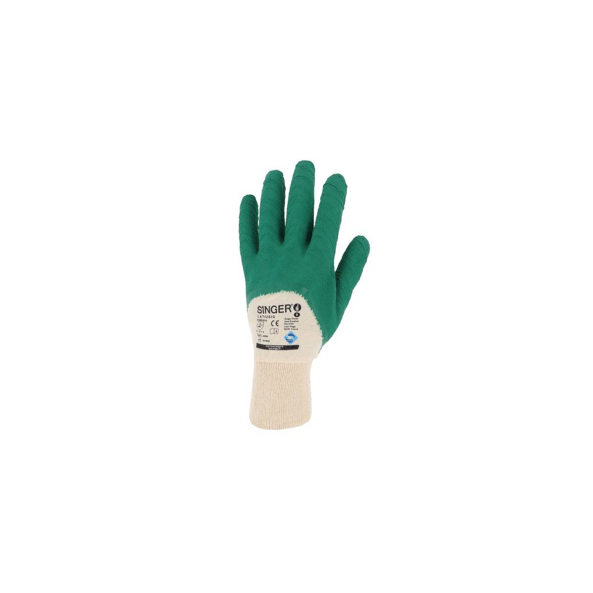 Gant manutention SINGER Taille 9 LATEX Crêpé vert Milieux humides Enduit 30cm Dos aéré Paume latex crêpée poignet tricot - Imagen 2