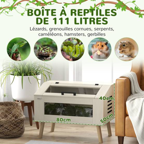 Terrarium pour reptiles, vivarium pour serpents 111L avec fenêtres en verre trempé, couvercle, 80 x 50 x 60 cm - Image 6