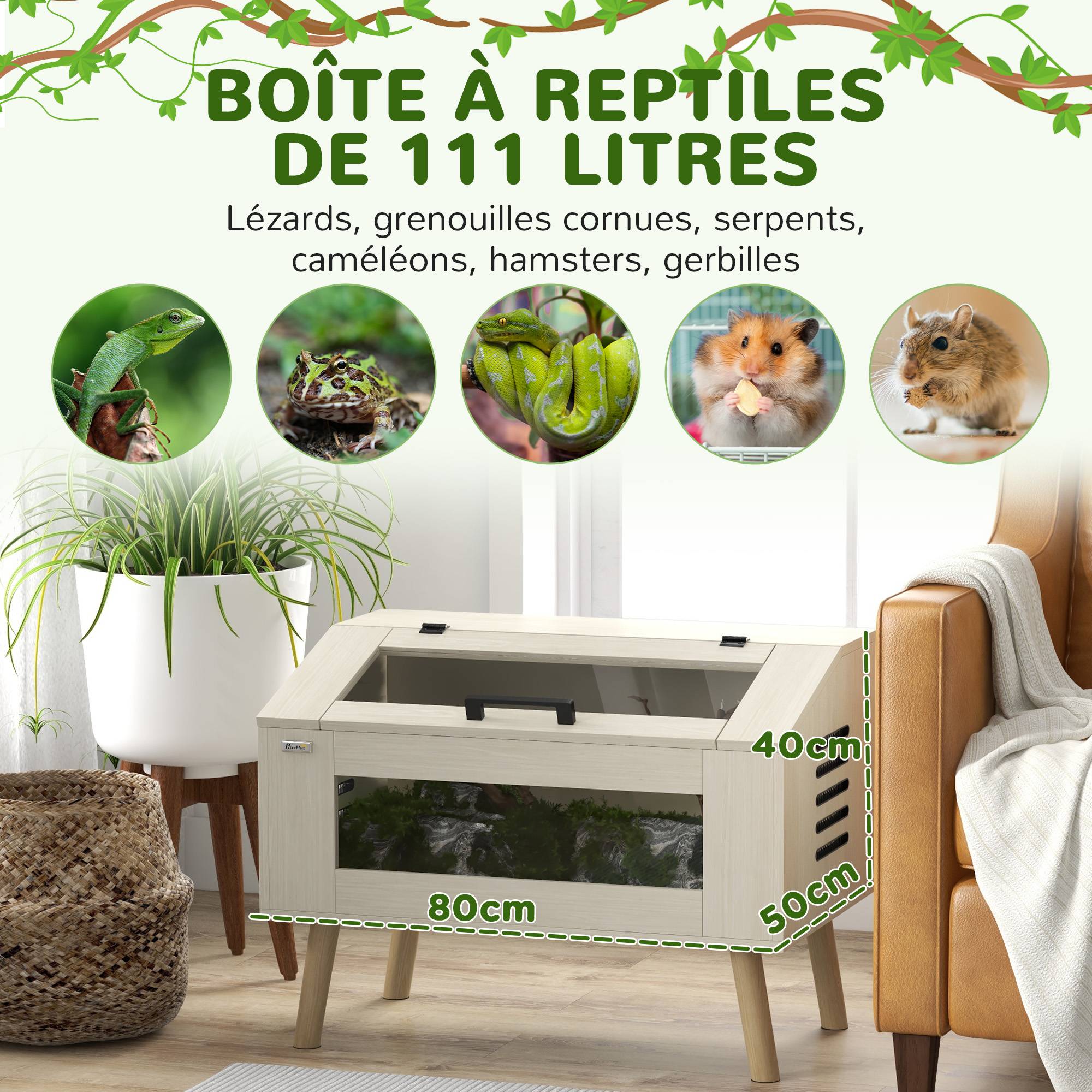 Terrarium pour reptiles, vivarium pour serpents 111L avec fenêtres en verre trempé, couvercle, 80 x 50 x 60 cm - Image 6